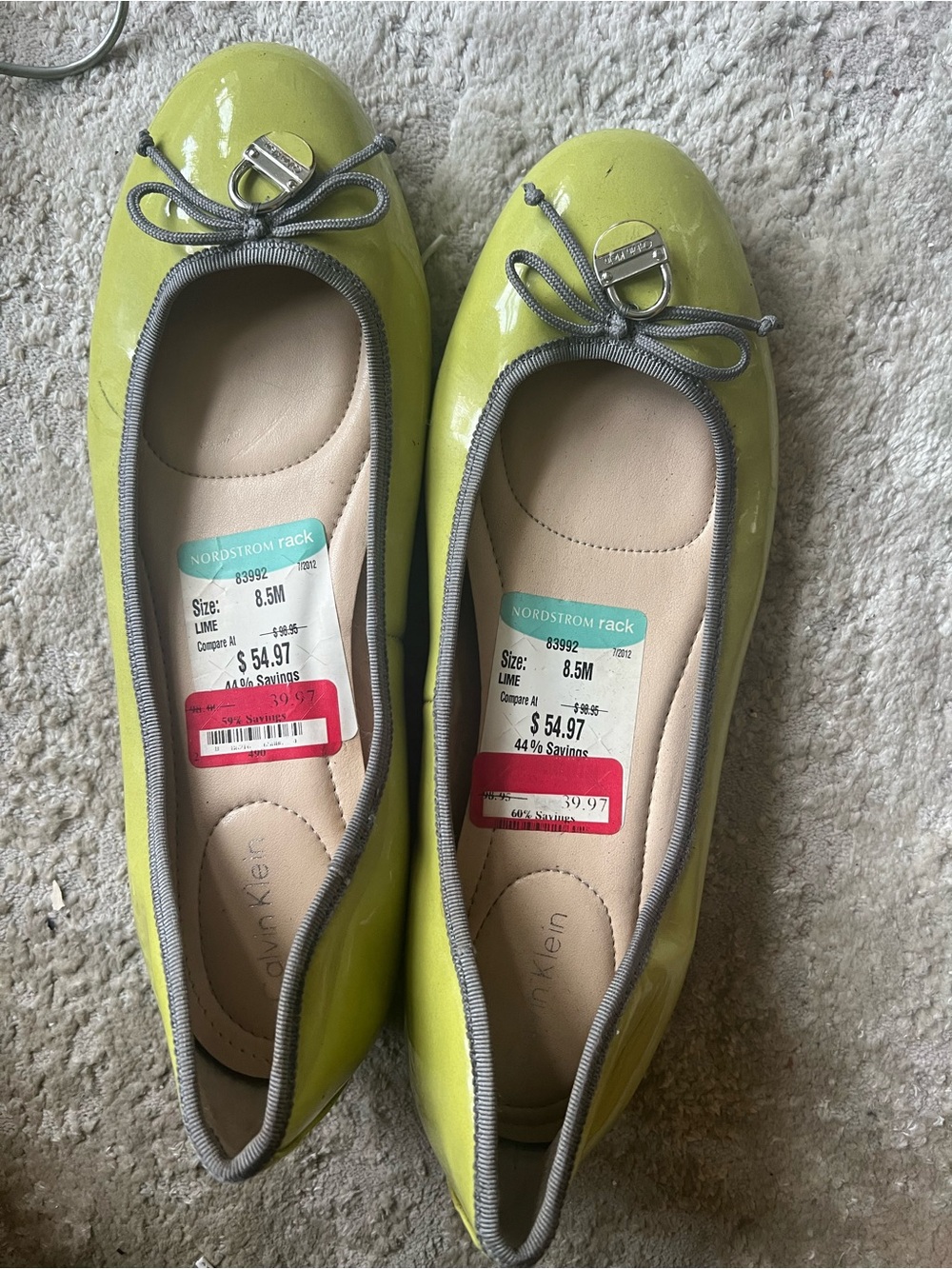 Calvin Klein Patent Lime Green Ballet Flats with Bow